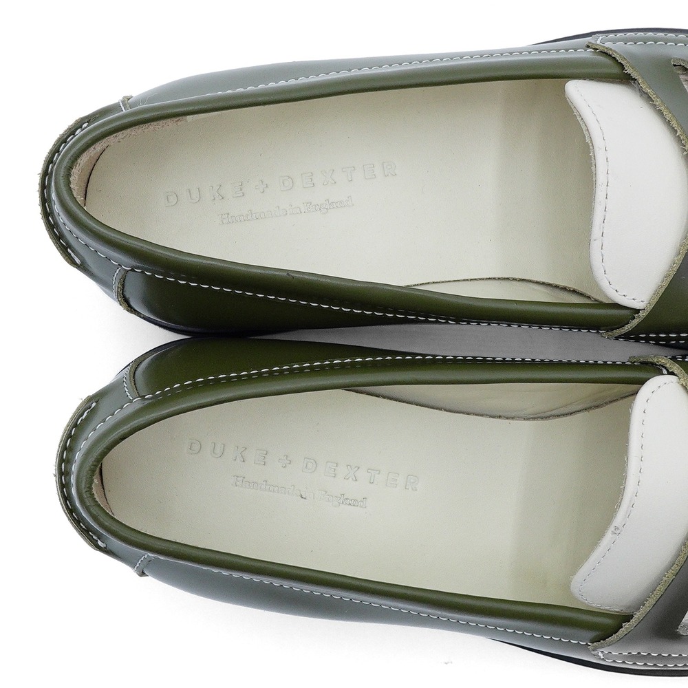NWT DUKE + DEXTER Women's US 7/UK 5 Olive Green White Leather Penny Loafer Shoes - Picture 7 of 11